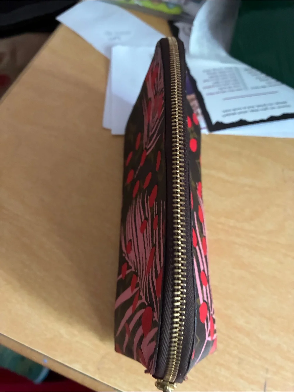 Louis Vuitton Brown Monogram Cosmetic Pouch with Pink Palm Leaves & Red Dots